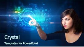  Presentation with medical charts - Slide deck having holograms - woman touching hologram screen displaying background and a navy blue colored foreground