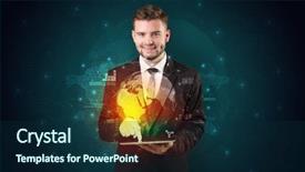  Presentation with hologram - Beautiful presentation design featuring holography - spectacled businessman with global hologram backdrop and a navy blue colored foreground