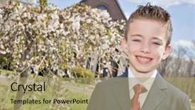  Presentation with church - Colorful PPT theme enhanced with holy communion - young handsome boy standing outside backdrop and a mint green colored foreground