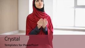  Presentation with woman muslim - Slide deck consisting of holy life - young muslim woman praying indoors background and a tawny brown colored foreground