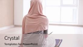  Presentation with woman muslim - Audience pleasing slides consisting of holy life - young muslim woman praying indoors backdrop and a soft green colored foreground