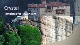  Presentation with middle century - Slide deck consisting of holy monastery of rousanou st barbara founded in the middle of 16th century ad meteora greece background and a navy blue colored foreground