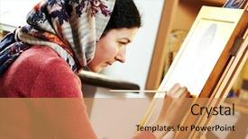  Presentation with religious - Presentation design featuring holy oil - iconography religious icon painter woman background and a coral colored foreground