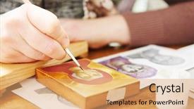  Presentation with brush painted pastel colour - PPT layouts having holy oil - iconography woman painter hand background and a coral colored foreground