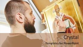  Presentation with religious - Colorful presentation theme enhanced with holy oil - religious icon painter man paints backdrop and a coral colored foreground