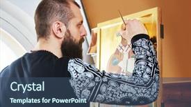  Presentation with religious - Colorful presentation theme enhanced with holy oil - religious icon painter man paints backdrop and a ocean colored foreground