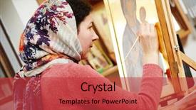  Presentation with woman in pain - Colorful presentation enhanced with holy oil - religious icon painter woman paints backdrop and a red colored foreground