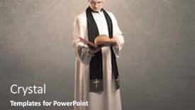  Presentation with reading bible - Slide deck enhanced with holy priest reading a prayer from the holy bible with illustrated glowing angel above his head concept background and a gray colored foreground