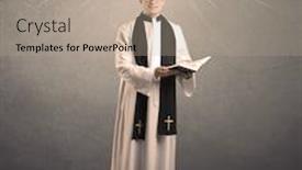  Presentation with reading bible - Cool new theme with holy priest reading a prayer from the holy bible with illustrated glowing angel above his head concept backdrop and a coral colored foreground