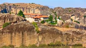  Presentation with monastery - Beautiful slide deck featuring holy trinity monastery in meteora greece - greek landscape backdrop and a coral colored foreground