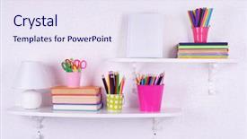  Presentation with growth and development child - Amazing PPT layouts having home accessories - shelves with stationery in child backdrop and a sky blue colored foreground