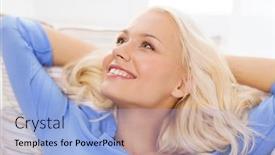  Presentation with happiness - Slides with home and happiness concept - smiling young woman lying on sofa at home background and a light blue colored foreground