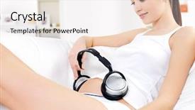  Presentation with listening woman - Cool new PPT layouts with home and listening music backdrop and a sky blue colored foreground