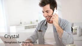  Presentation with salesman - Presentation theme consisting of home and talking on phone background and a light gray colored foreground