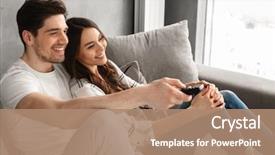  Presentation with happy image - Presentation design consisting of home and watching television background and a coral colored foreground