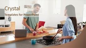  Presentation with home appliances - Audience pleasing PPT theme consisting of home appliances - couple preparing meal together backdrop and a sky blue colored foreground
