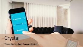  Presentation with home automation - Cool new PPT layouts with home automation - woman using smartwatch and phone backdrop and a coral colored foreground
