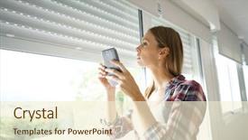  Presentation with electric engeneering - Colorful theme enhanced with home automation security system - woman using smartphone to control backdrop and a cream colored foreground