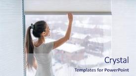  Presentation with cordless - Presentation theme with home blinds window shades woman background and a sky blue colored foreground