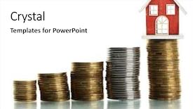  Presentation with white house - Theme featuring home budget - small house standing on stack background and a  colored foreground