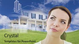  Presentation with rolling hills - Colorful PPT theme enhanced with home buyer - curious mixed race female looks backdrop and a yellow colored foreground