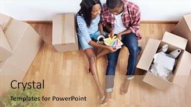  Presentation with moving - Amazing presentation theme having home buyer - overhead view of young couple backdrop and a coral colored foreground