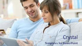  Presentation with internet - Presentation with home buyer - young couple shopping on internet background and a sky blue colored foreground