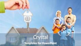  Presentation with new family new born - Audience pleasing PPT layouts consisting of home buying selling - happy family near new house backdrop and a teal colored foreground