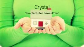  Presentation with house - Beautiful presentation theme featuring home buying selling - young woman holding small house backdrop and a mint green colored foreground