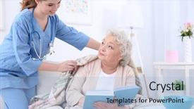  Presentation with elderly home - Amazing slide set having home care - nurse caring for elderly woman backdrop and a light blue colored foreground