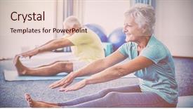  Presentation with home care - Presentation featuring home care - seniors stretching legs in studio background and a lemonade colored foreground