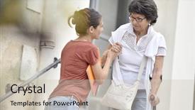  Presentation with carer - Audience pleasing slide set consisting of home carer helping disabled woman backdrop and a soft green colored foreground