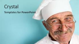  Presentation with cook chef - Presentation theme having home catering - elderly chef in white cook background and a light blue colored foreground