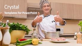  Presentation with young students working in groups - Audience pleasing slides consisting of home catering - young chef working backdrop and a  colored foreground