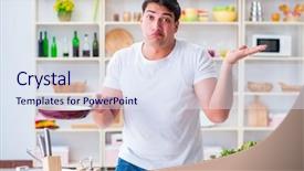  Presentation with cooking equipment kitchen utensils - Amazing slide deck having home catering - young male cook working backdrop and a sky blue colored foreground