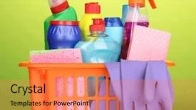  Presentation with party items on green - Audience pleasing PPT theme consisting of home chemical safety - basket with cleaning items backdrop and a coral colored foreground