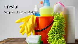 Presentation with chemical safety - PPT layouts enhanced with home chemical safety - bucket with cleaning items background and a light gray colored foreground
