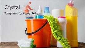  Presentation with chemical safety - Presentation having home chemical safety - bucket with cleaning items background and a light gray colored foreground