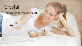  Presentation with girl teens - Audience pleasing slides consisting of home cinema - picture of happy teenage girl backdrop and a soft green colored foreground