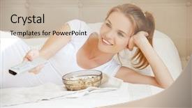  Presentation with girl teens - PPT theme featuring home cinema - picture of happy teenage girl background and a soft green colored foreground