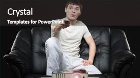  Presentation with broadcast - Presentation featuring home cinema - young sports fan watching football background and a dark gray colored foreground