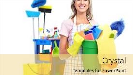  Presentation with woman car driver map - PPT layouts consisting of home cleaning service - cleaner maid woman with janitor background and a yellow colored foreground