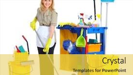  Presentation with woman car driver map - Amazing PPT theme having home cleaning service - cleaner maid woman with janitor backdrop and a yellow colored foreground