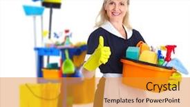  Presentation with cleaning service - Slide set having home cleaning service - cleaner maid woman with janitor background and a gold colored foreground