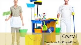  Presentation with cleaning service - Colorful PPT theme enhanced with home cleaning service - professional cleaner man and woman backdrop and a yellow colored foreground