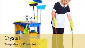  Presentation with cleaning service - Beautiful PPT layouts featuring home cleaning service - young smiling cleaner isolated backdrop and a yellow colored foreground