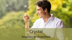  Presentation with eating - Slides with home closing - handsome young man eating scrambled background and a yellow colored foreground