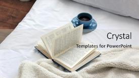  Presentation with open book - PPT theme featuring home closing - open book and cup background and a light gray colored foreground