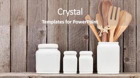  Presentation with cooking utensils - Cool new PPT theme with home decor - kitchen cooking utensils on shelf backdrop and a coral colored foreground