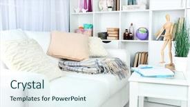  Presentation with home design - Colorful PPT layouts enhanced with home decor - modern interior design of living backdrop and a sky blue colored foreground